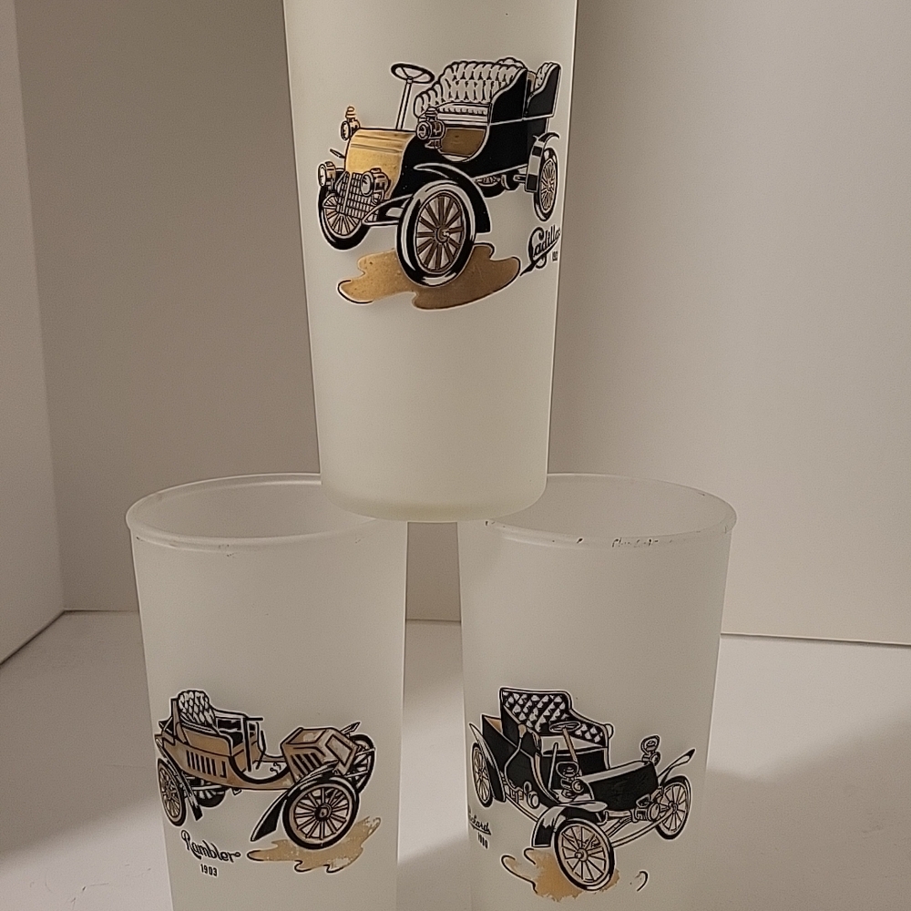 Vintage Hazel Atlas Car Design Frosted Glasses Set Of 3